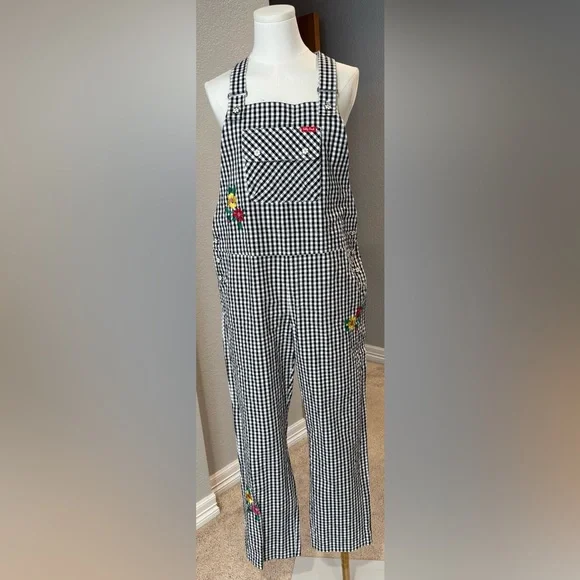 NWOT Teddy Fresh Black & White Playful Gingham Embroidered Floral Overalls - Picture 3 of 16